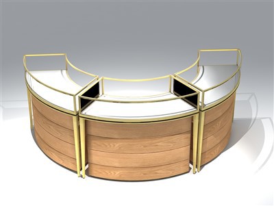 Pameran Barang Kemas Lengkung Modular Arcadian Luxe Dengan Panel Oak Berlapis & Bingkai Logam Berserpuh