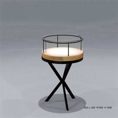 Pameran Barang Kemas Bulat Minimalis Moden LuminaCirque Dengan Aksen Oak Hangat &{0}}Bingkai Pendakap