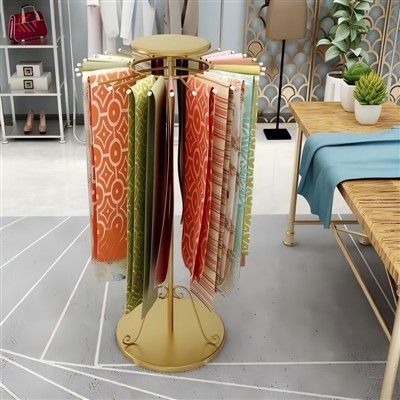 MOOKOO Mewah Rotating Floor Scarf Rack Display Stand Keluli Tahan Karat Aluminium Aloi Bingkai Kaca Terbaja Atas Moden